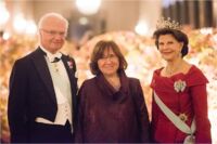 The Swedish Royal Family receives the Laureates and their significant others in the Prince's Gallery. From left to right: King Carl XVI Gustaf of Sweden, Literature Laureate Svetlana Alexievich and Queen Silvia of Sweden Copyright © Nobel Media AB 2015 Photo: Alexander Mahmoud