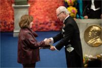 Svetlana Alexievich receiving her Nobel Prize from H.M. King Carl XVI Gustaf of Sweden at the Stockholm Concert Hall, 10 December 2015 Copyright © Nobel Media AB 2015 Photo: Pi Frisk
