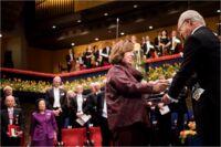 Svetlana Alexievich receiving her Nobel Prize from H.M. King Carl XVI Gustaf of Sweden at the Stockholm Concert Hall, 10 December 2015. Copyright © Nobel Media AB 2015 Photo: Pi Frisk